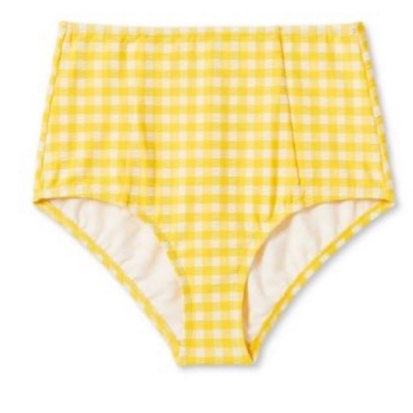 KONA SOL NWT Women's Yellow White Gingham High Waist Full Coverage Bikini Bottom - Picture 2 of 12